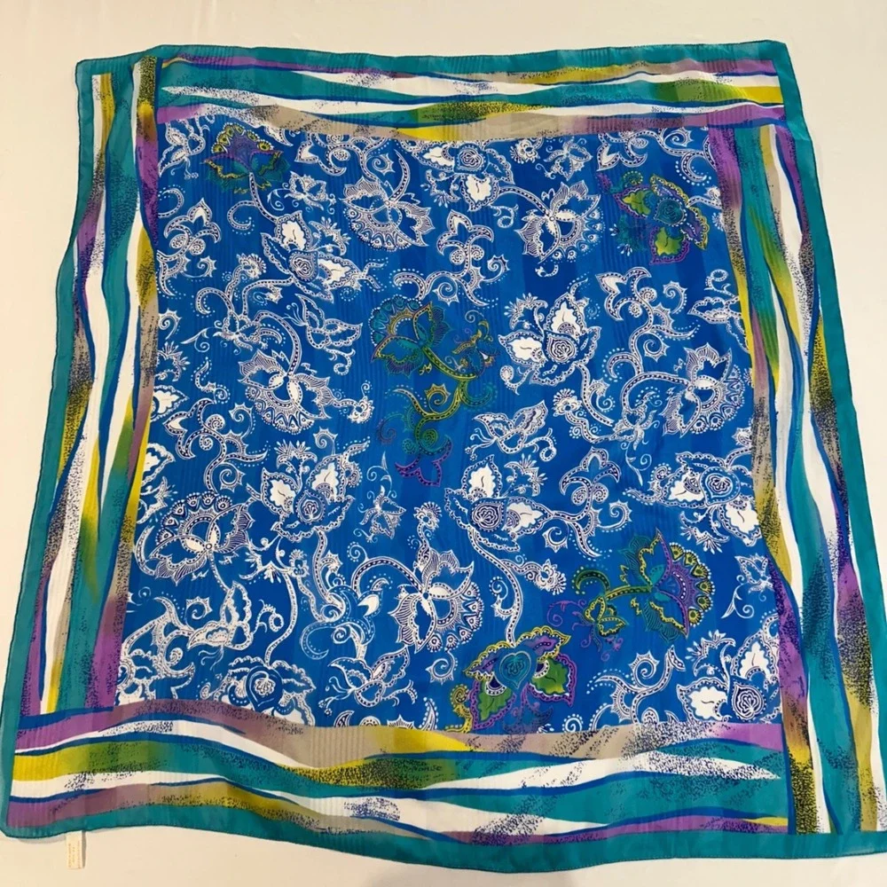 Womens Scarf Paisley Floral Made in Italy Square Boho Blue 34x34